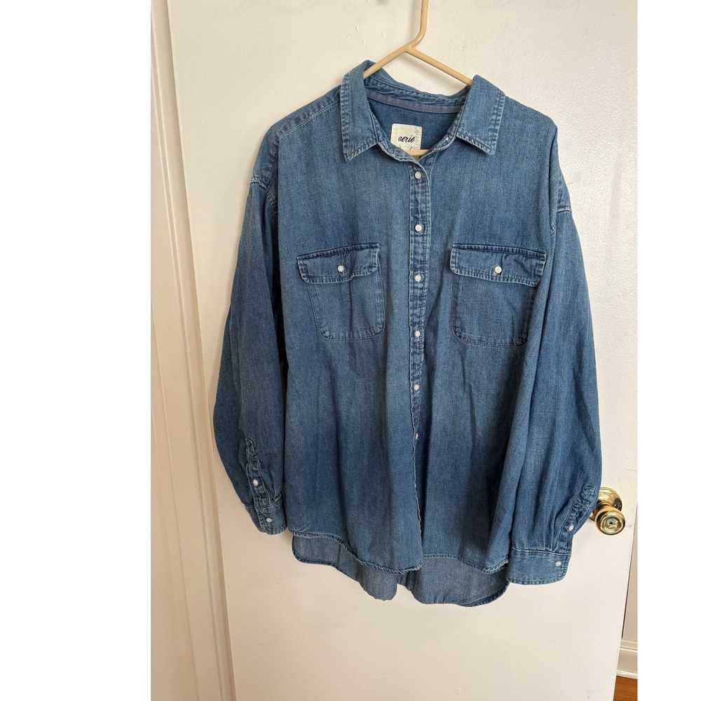 Aerie Womens Medium Wash Denim Button Down Shirt Oversized Long Sleeve M